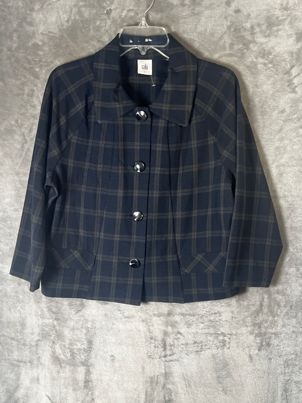 CAbi Navy and Green Plaid Button Jacket